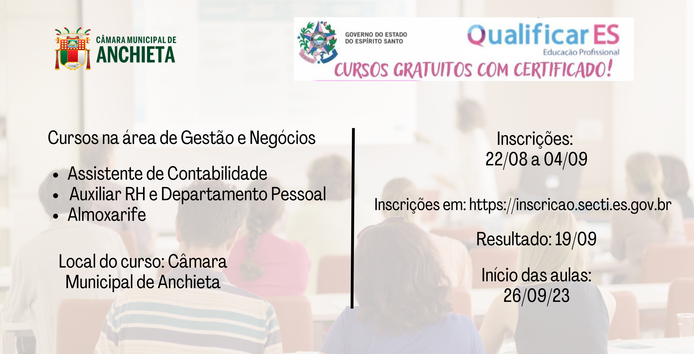 Cursos do Programa Qualificar ES serão realizados na Câmara Municipal de Anchieta